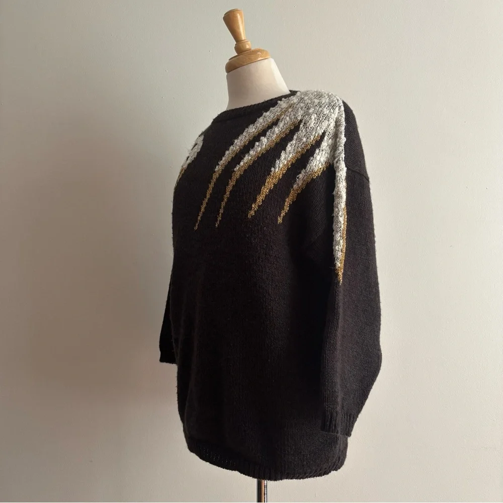 Vintage 1980s White Bird on Charcoal Wool Blend & Lurex Sweater / M - Picture 8 of 10